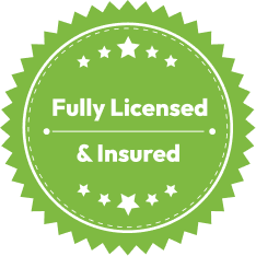 A green, circular badge with a starburst edge features white text reading "Fully Licensed & Insured" in the center. There are stars above and below the text, with a dotted line separating the words. The badge conveys a sense of reliability and professionalism.